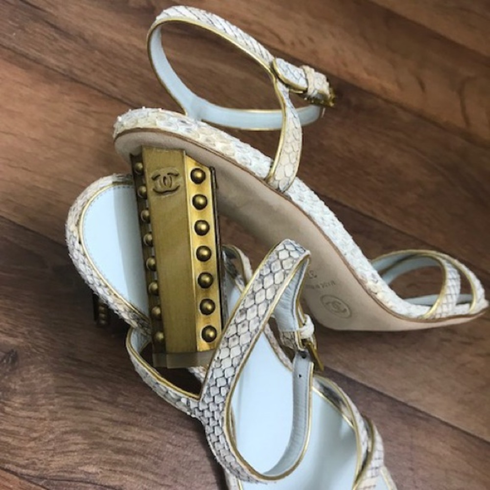 CHANEL python skin block heel sandal